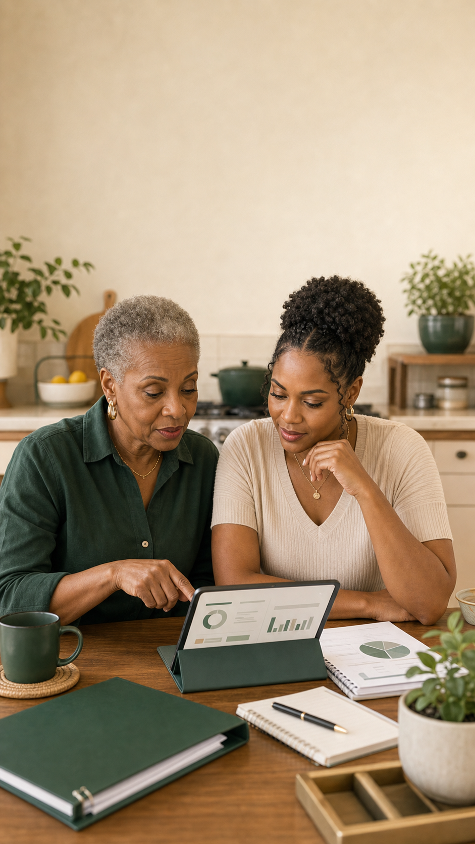 Two customers reviewing records together at a kitchen table